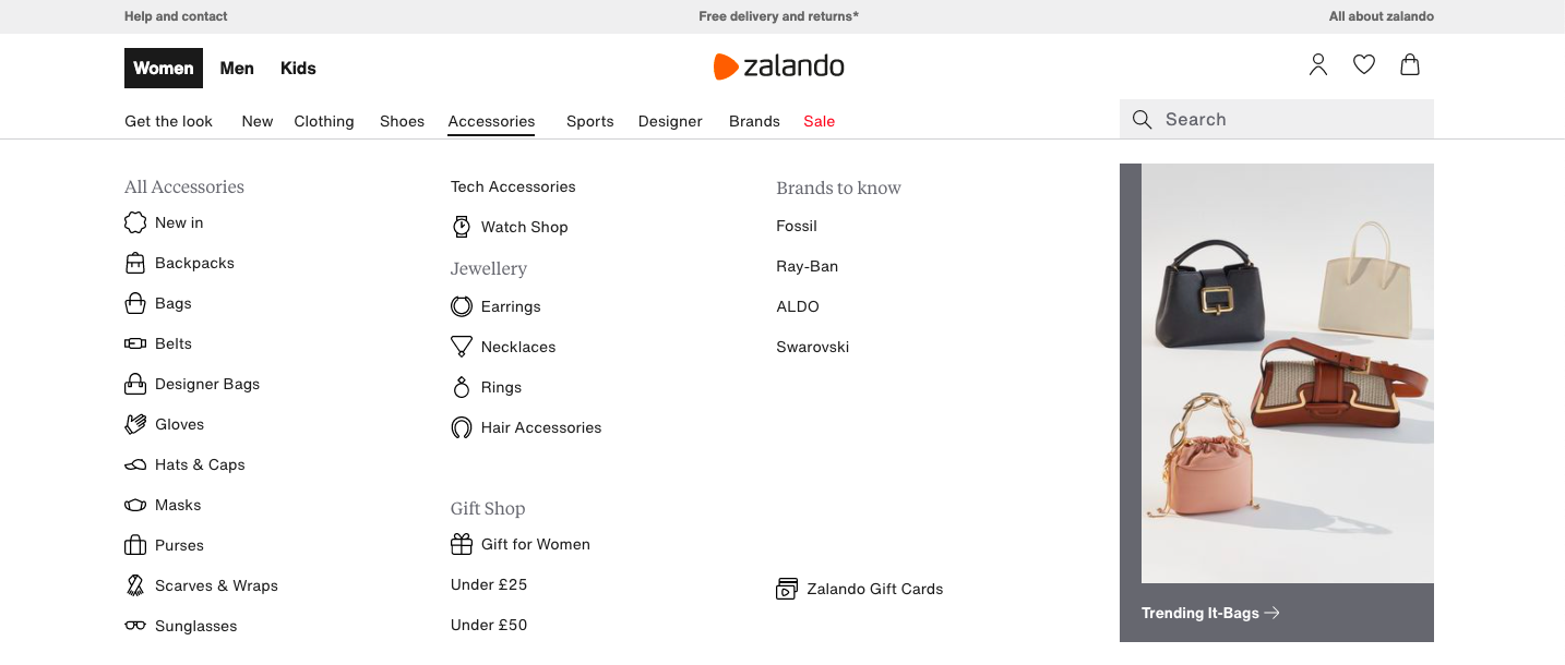 Zalando gift cards in the navbar