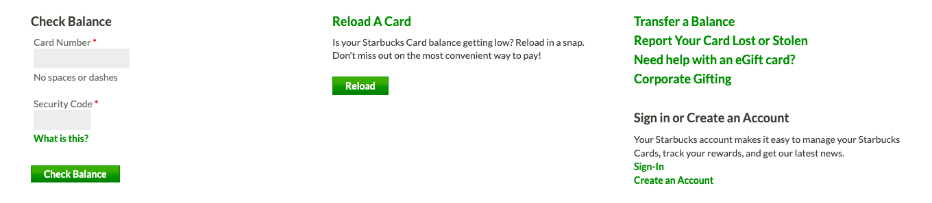 Starbucks landing page with multiple options for gift cards