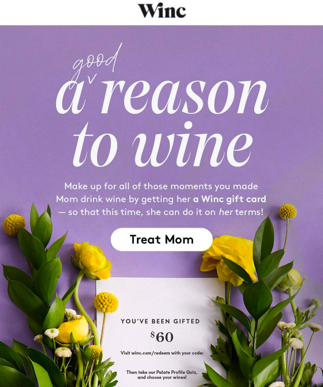 Winc email promotion of gift cards for Mother's Day