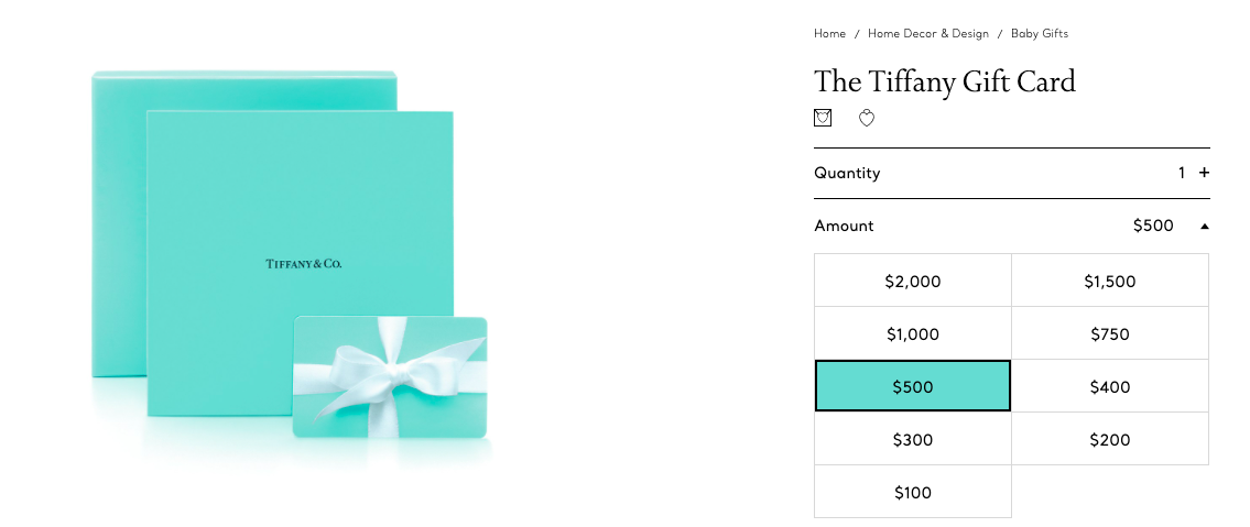 Tiffany Co. default gift card amount
