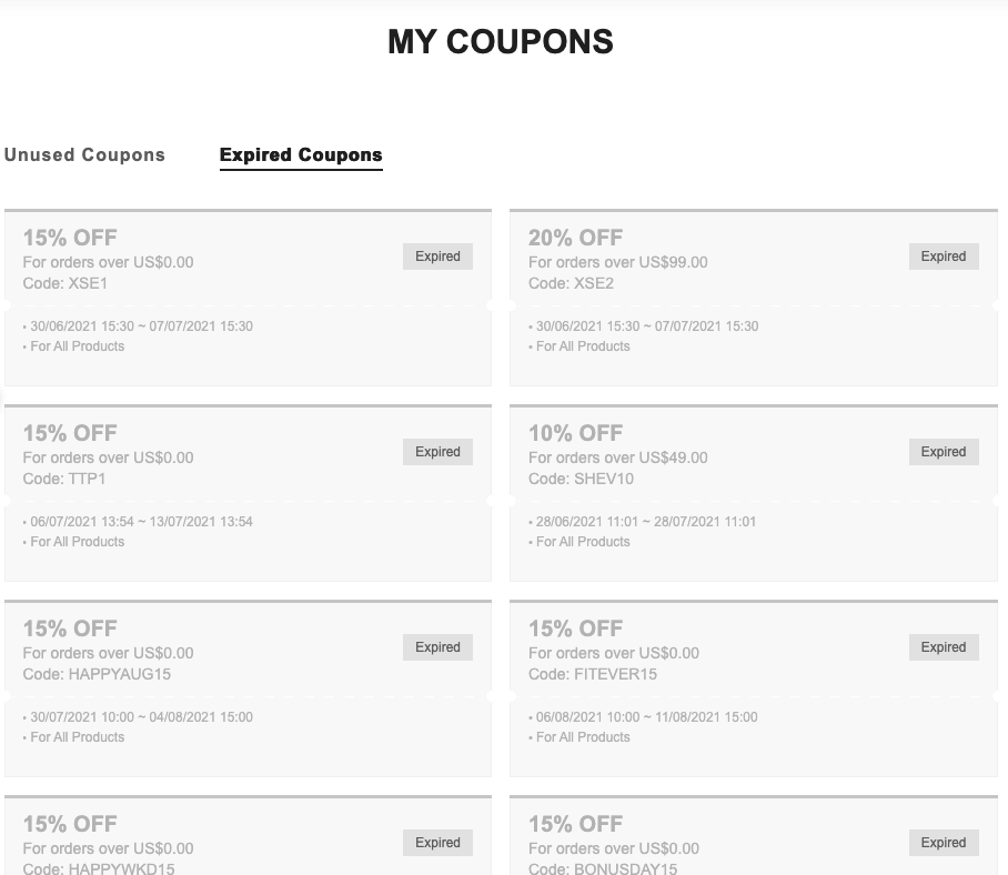 Shein customer portal 2 coupons section