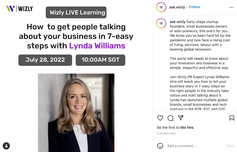 Wizly instagram post announcing a webinar