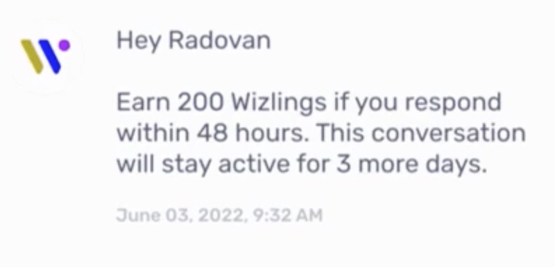 Wizly in-app notification about Wizlings points