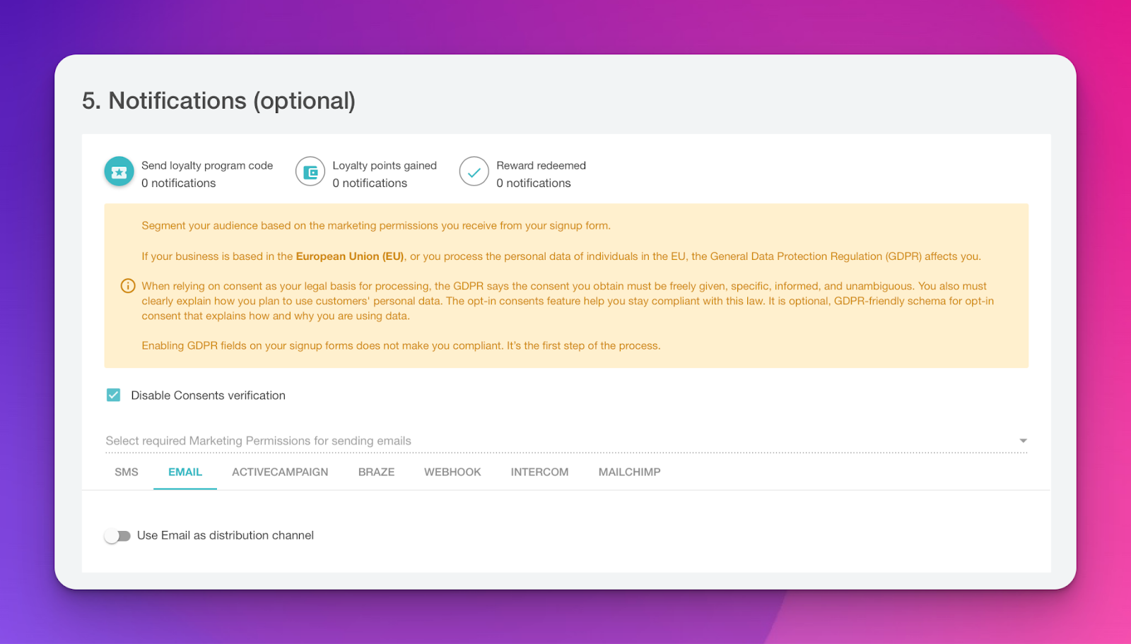 screenshot of Voucherify dashboard showing omnichannel message distribution