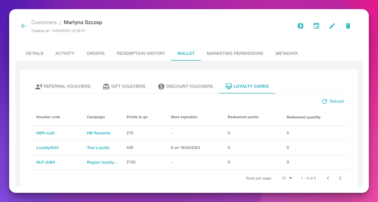 screenshot of Voucherify dashboard showing loyalty cards per customer