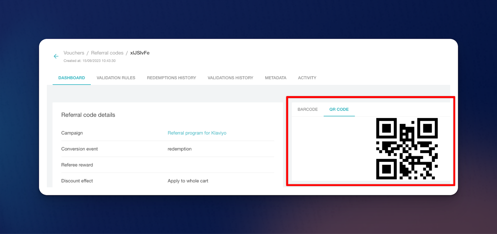 Voucherify dashboard: QR and barcode automatically generated for every referral code
