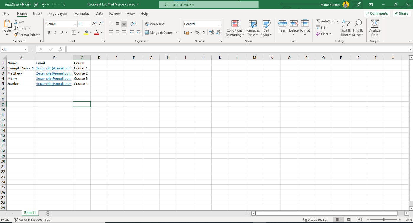 Example Excel file for recipient names