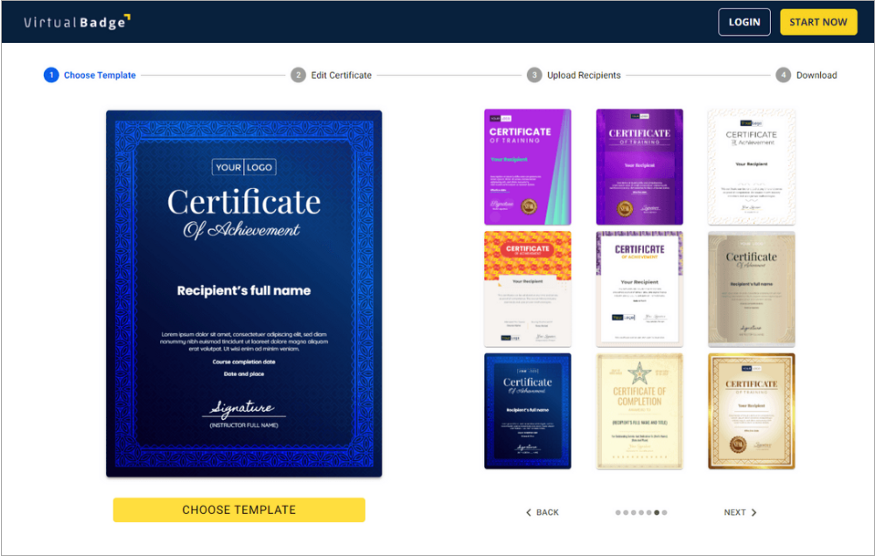 Choose template for your free digital certificates from Virtualbadge.io