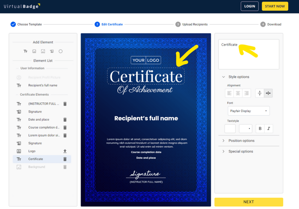 Edit fields inside your certificate to fit your use case with Virtualbadge.io