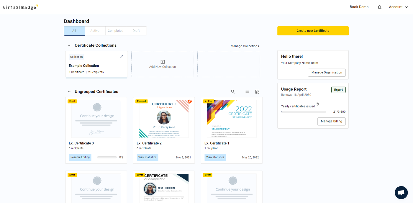 Dashboard from Virtualbadge.io
