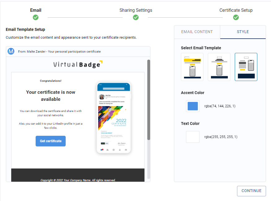 Choose your favorite email template to send the certificates