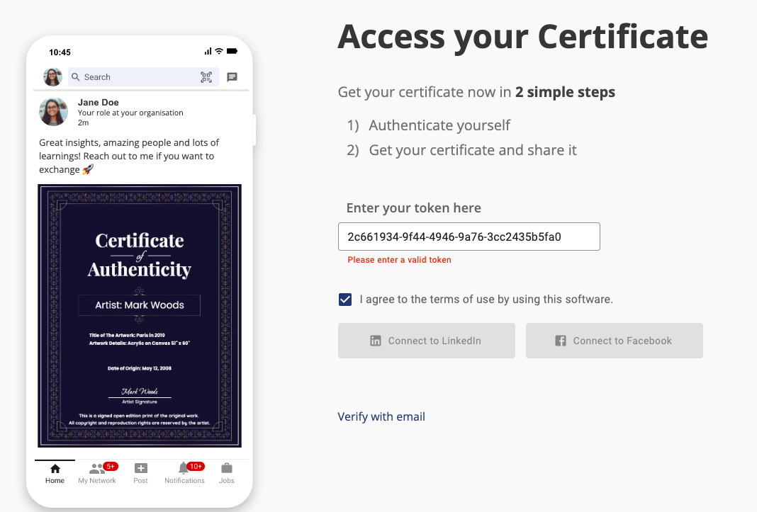 Sample certificate access page