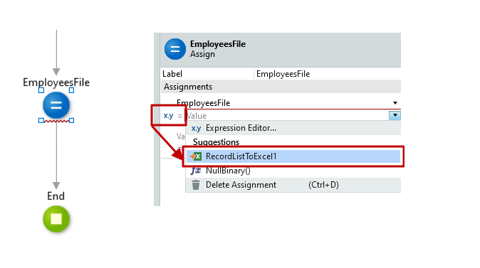 #3.13. Assign the Excel Record List to the EmployeeFile Output Parameter