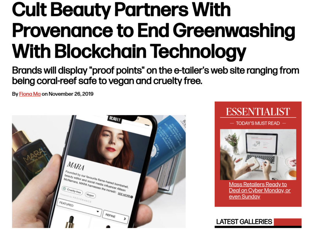 Image credit: Women’s Wear Daily covering the Cult Beauty launch with Provenance