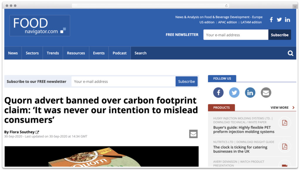 Food Navigator on Quorn carbon footprint