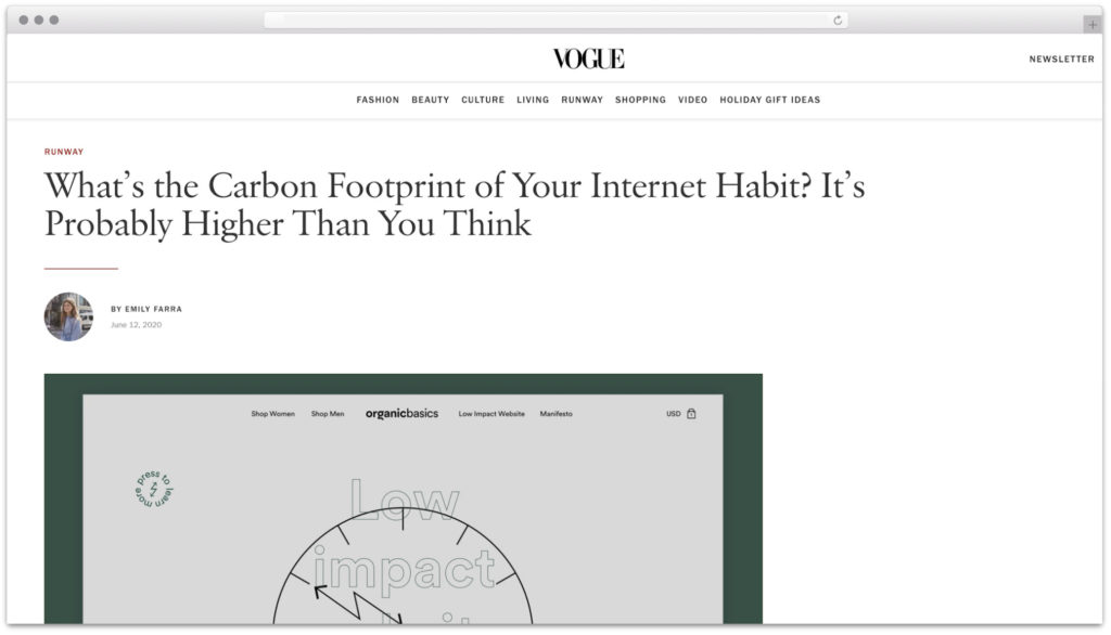 Vogue Organic Basics Carbon Footprint of websites