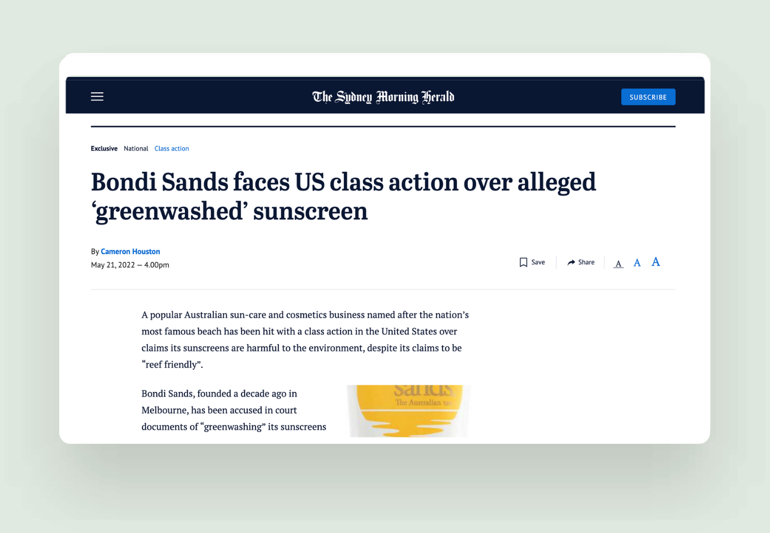 A screenshot of an article in the Sydney Morning Herald about Bondi Sands 'greenwashed' sunscreen