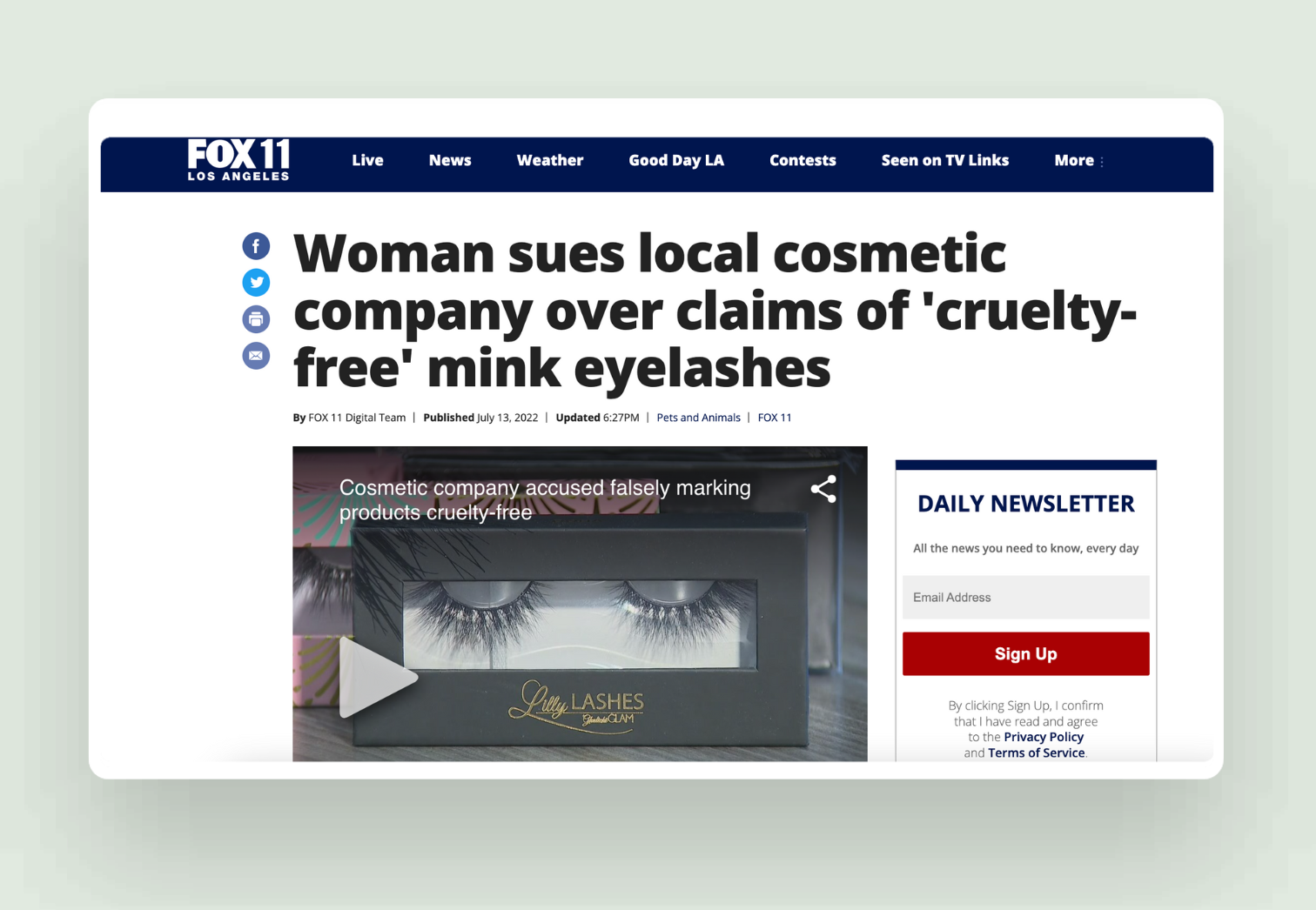 A screenshot of an article on Fox 11 (Los Angeles) about Lilly Lashes 'cruelty-free' mink lawsuit
