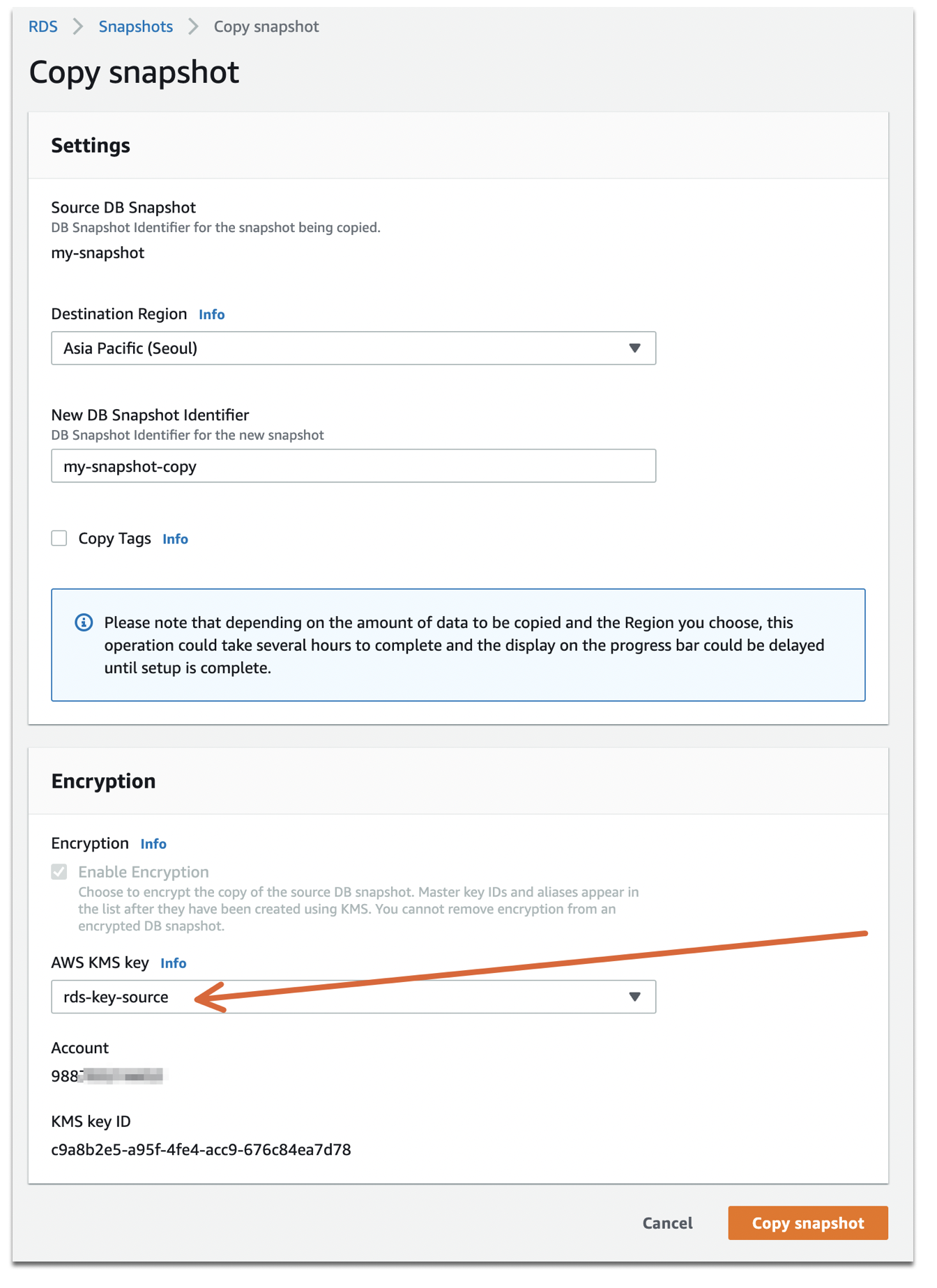 How to copy an encrypted rds using default kms key to another aws account