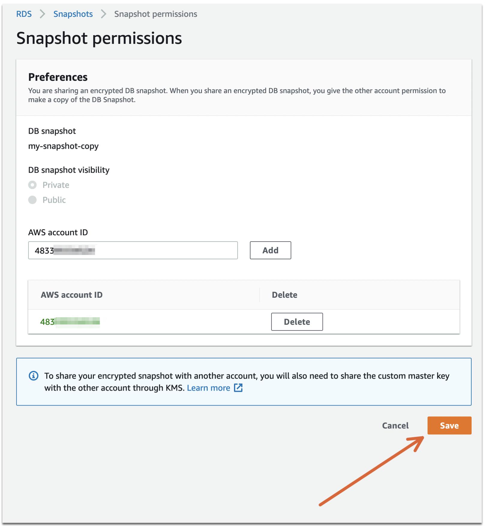How to copy an encrypted rds using default kms key to another aws account