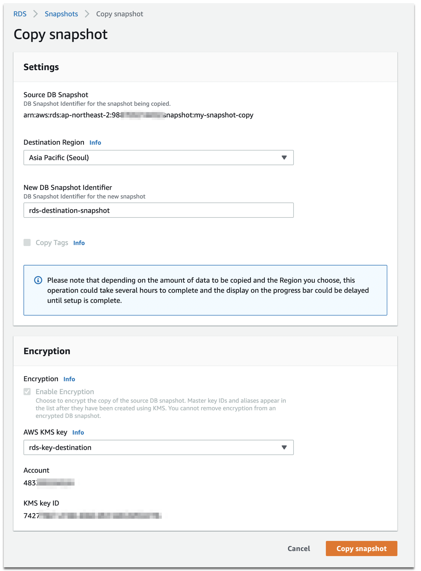 How to copy an encrypted rds using default kms key to another aws account