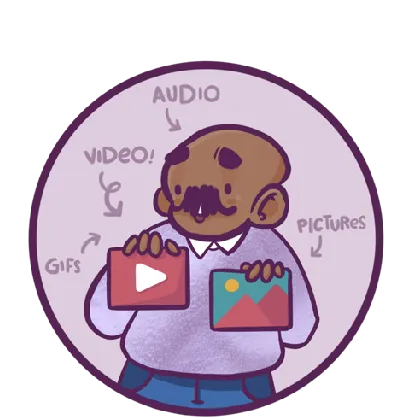 a man holding two cards with video and audio icons