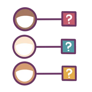 An illustration featuring three circles connected to three question marks on the right 