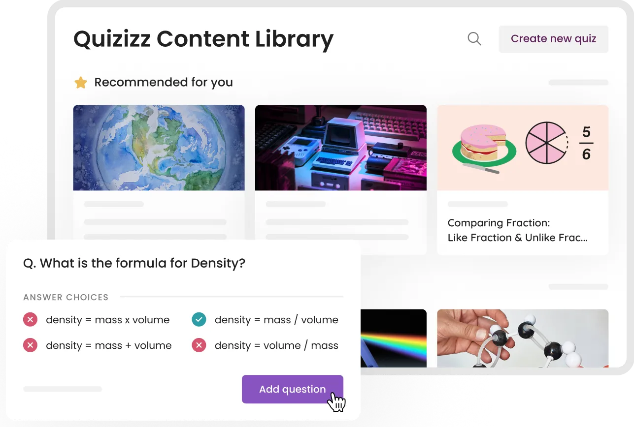 The Quizizz content library featuring different quizzes and a question regarding the formula for density
