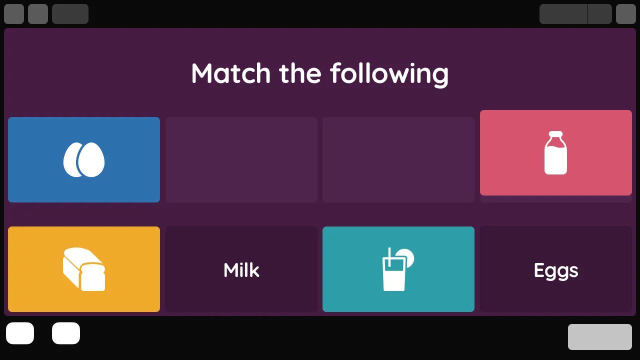 A screen displaying question with four options to match