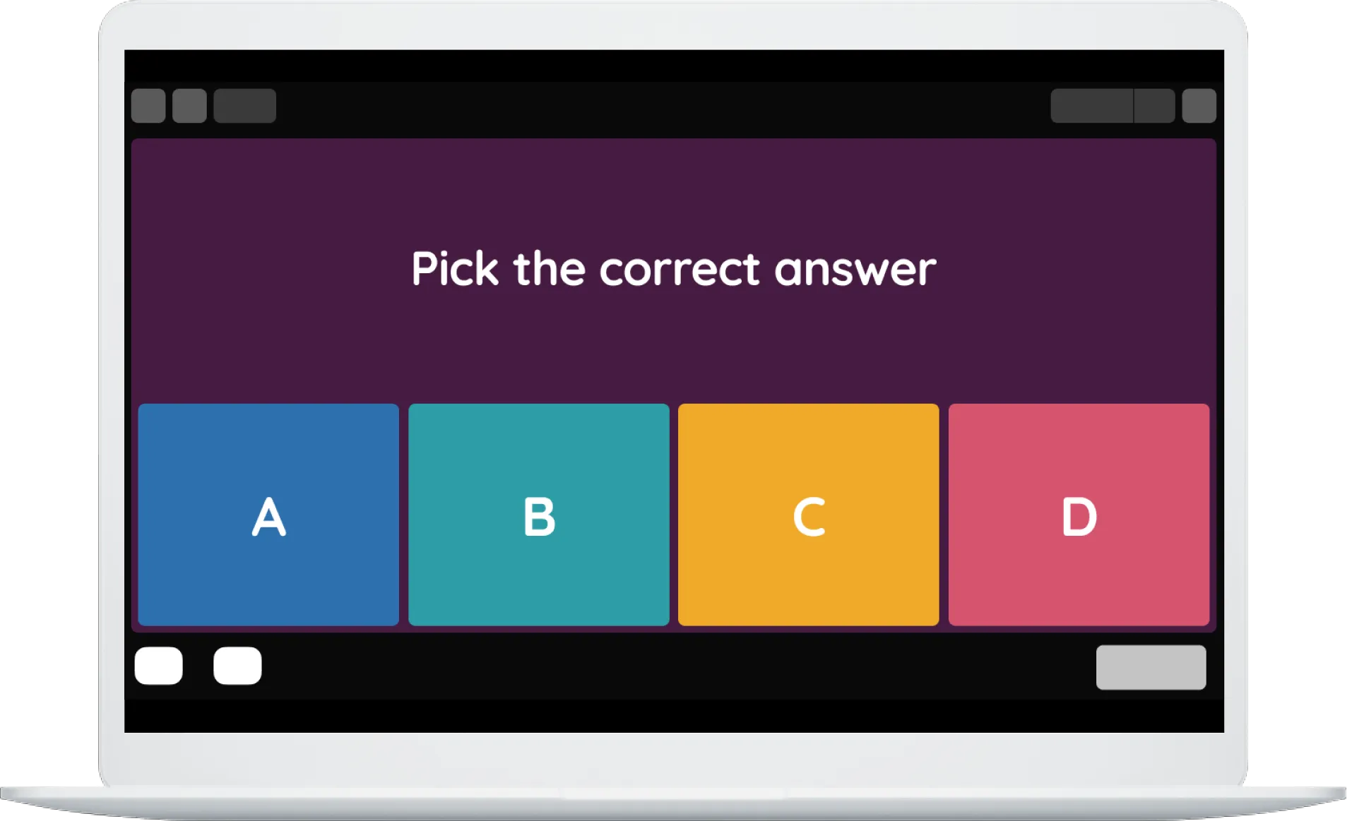 A laptop screen displaying a multiple choice question with four options 