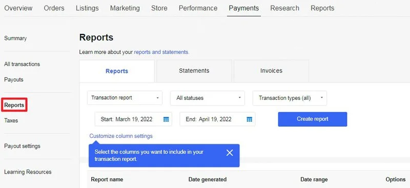 eBay Reports page in the Seller Hub