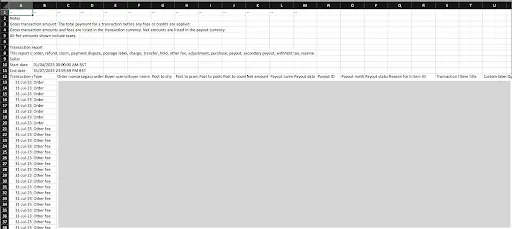 Example of an eBay Sales spreadsheet report