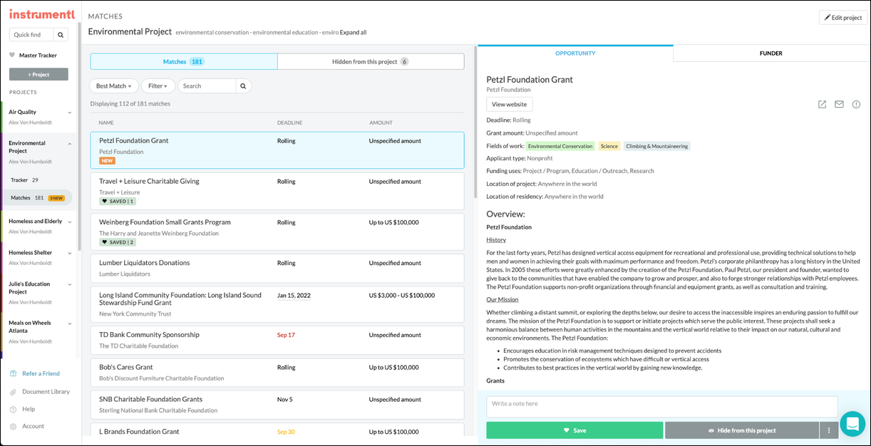 Instrument funder research tool