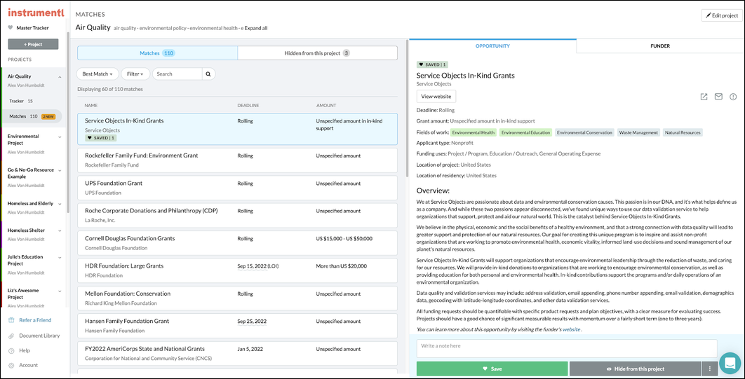 Instrumentl Matching Active Upcoming Grants
