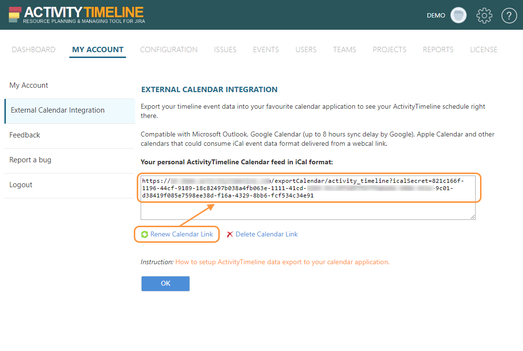 How to export calendar feed from ActivityTimeline