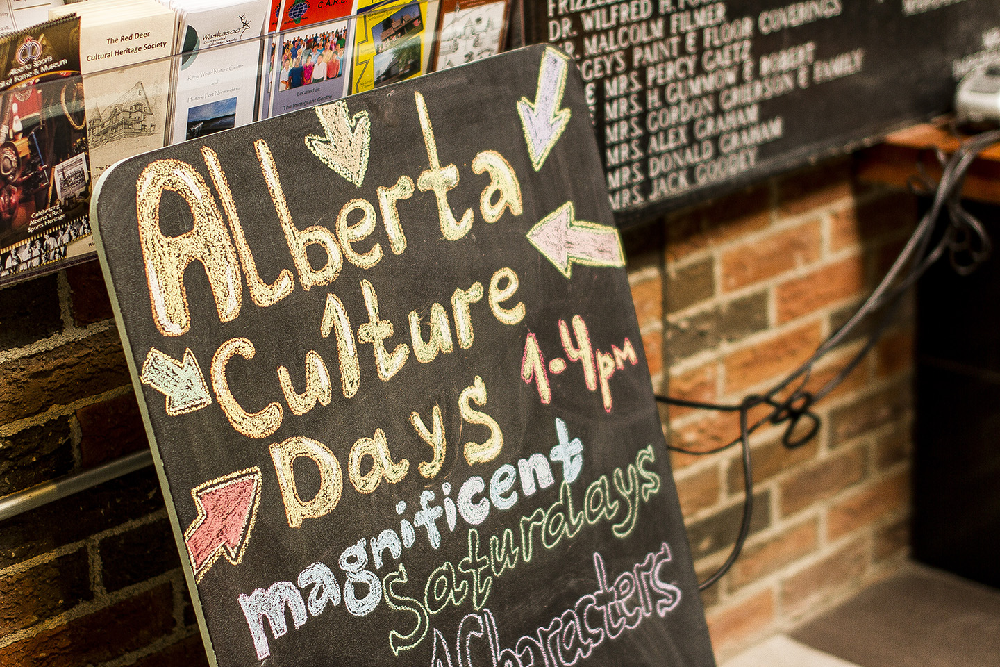 Chalk board sign promoting activities for Alberta Culture Days