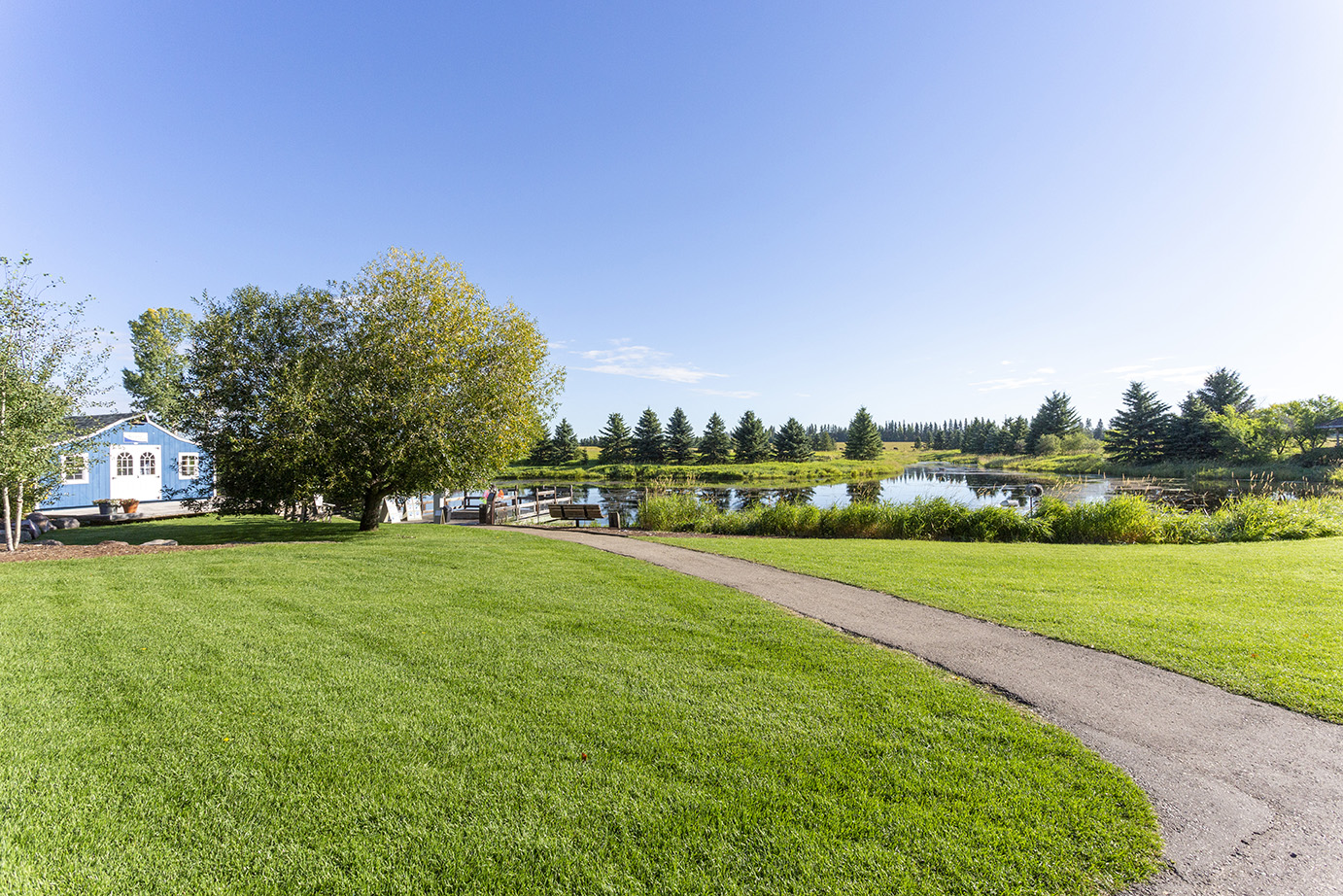 One of the trails leading to the on site pond surrounding by greenery