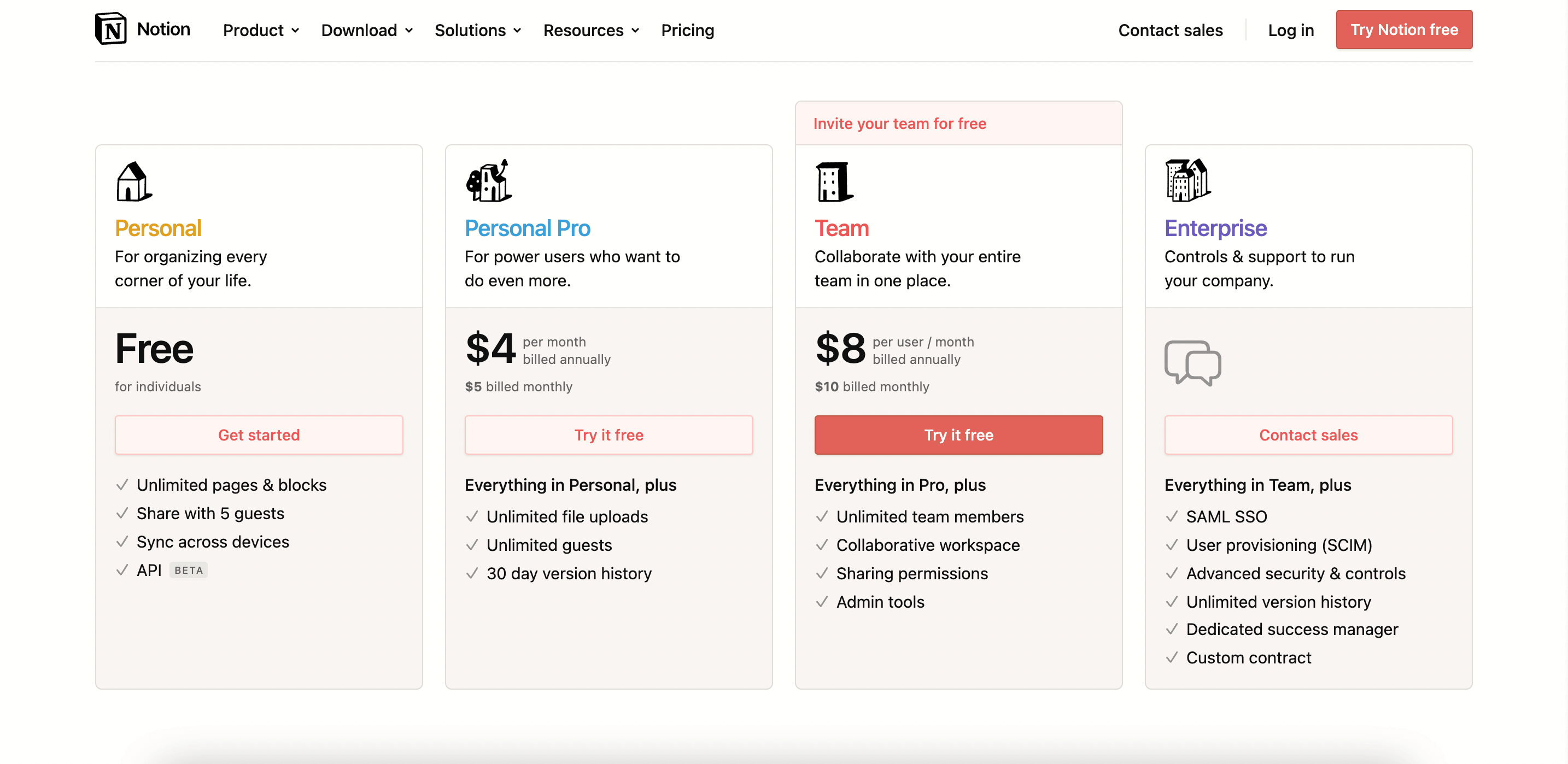 Notion pricing page