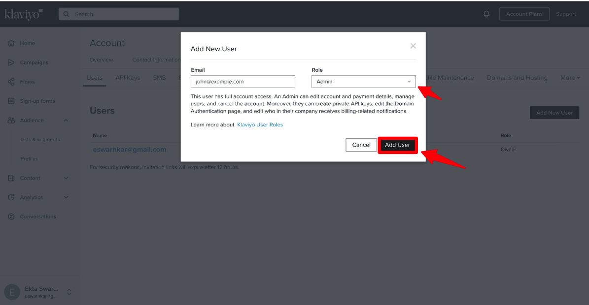 Assign new user in Klaviyo