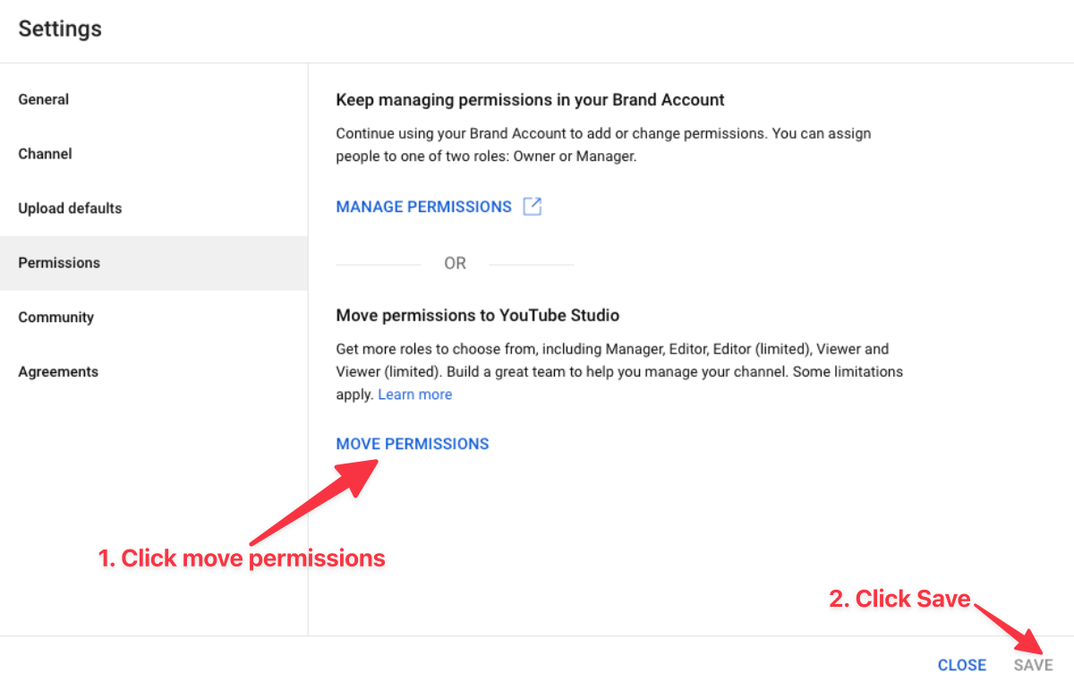 Move permissions in YouTube creator studio