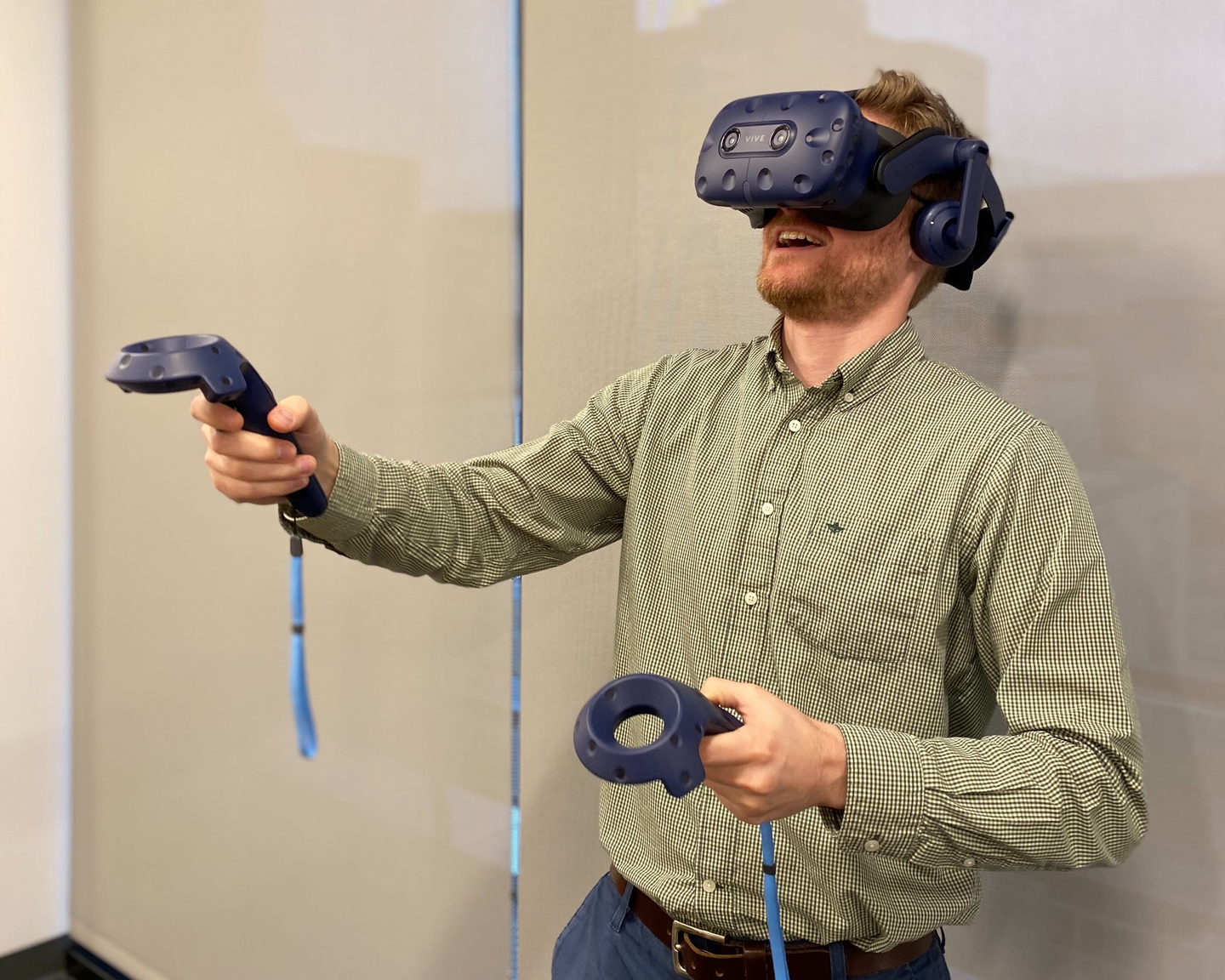 A setup of a computer, hand devices, a headset, and a couple of sensors, can immerse trainees in an environment to practice.