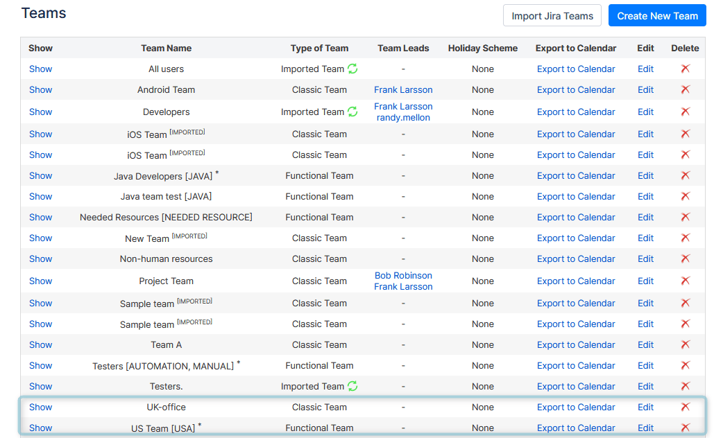 Teams in ActivityTimeline