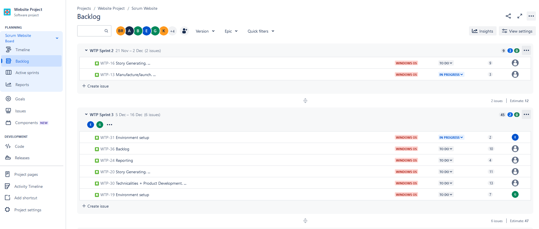 Jira Scrum Board with Active Sprints