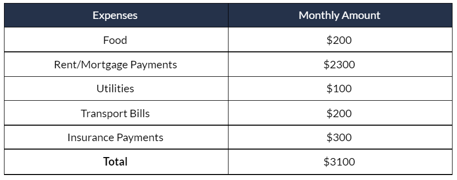 table of monthly expenses and cost
