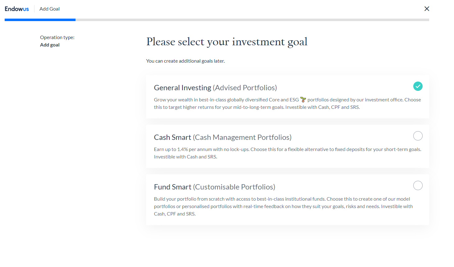 endowus page - select investment goal