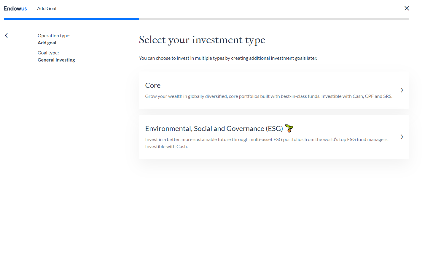 endowus page - select investment type