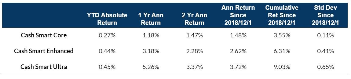 table of Historical Performance, Risk and Returns of Cash Smart Solutions