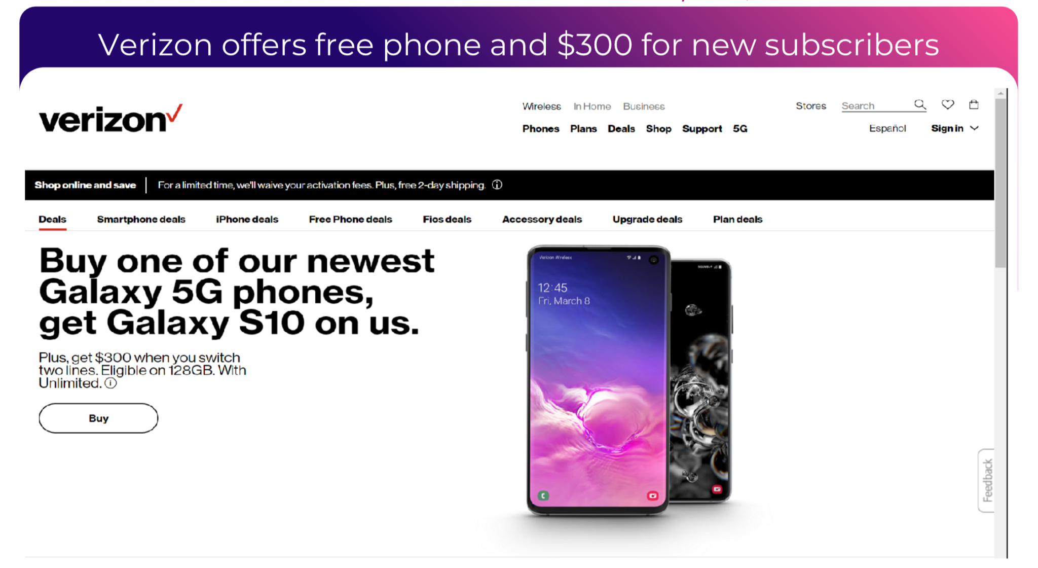 screenshot of Verizon's promotion of a free phone and $300 for new subscribers
