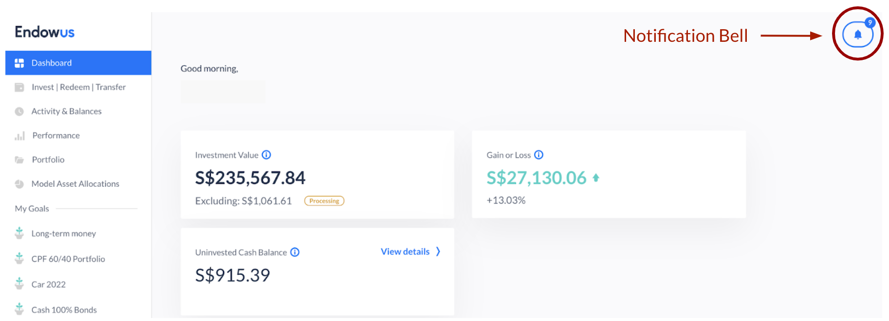 Screenshot of Endowus dashboard with notification bell