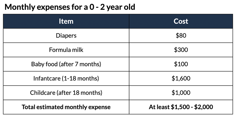 table of monthly expenses for a 0-2 year old